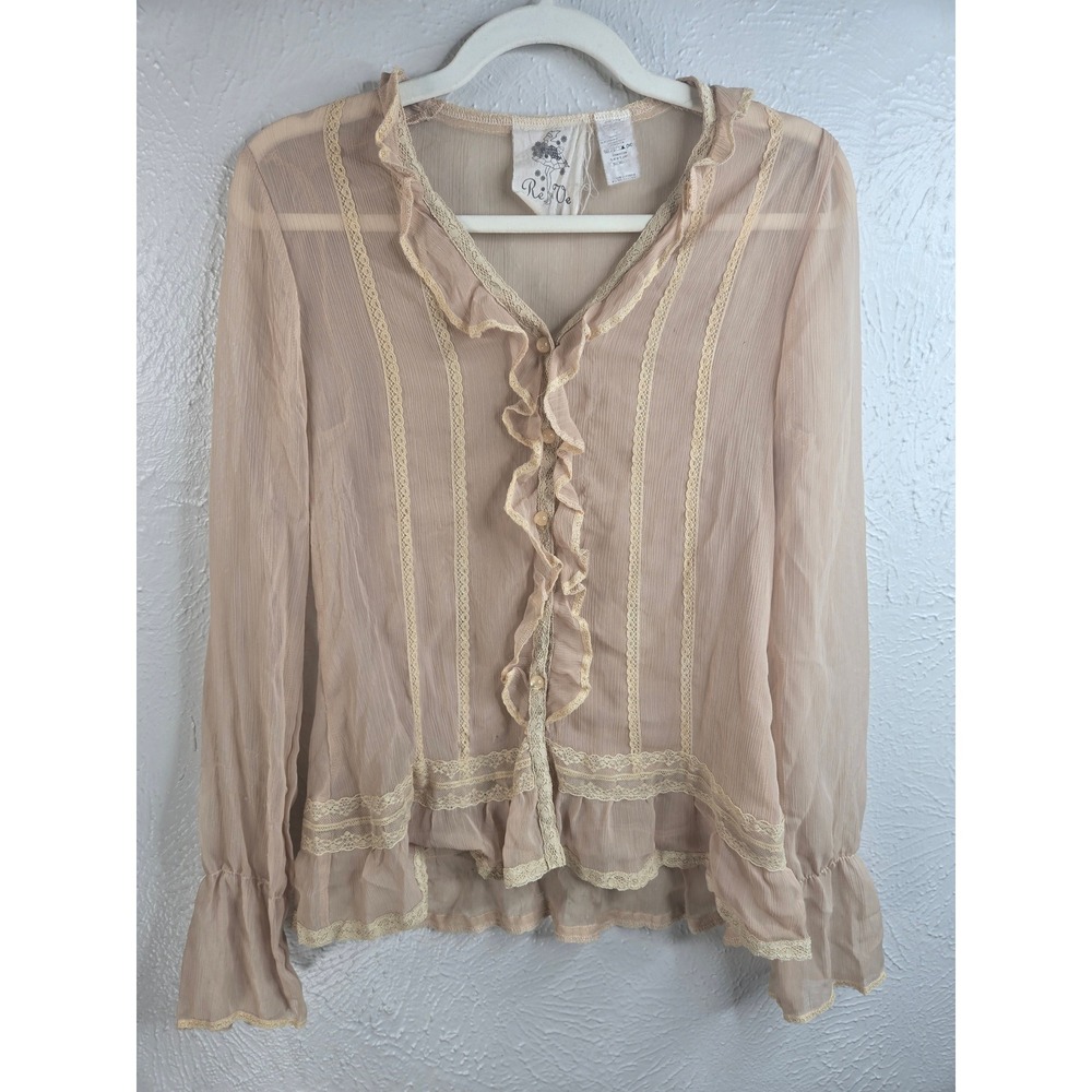 VTG Sheer Bell Sleeve Blouse S Tan Chiffon Ruffle Lace Trim Top Victorian Regal